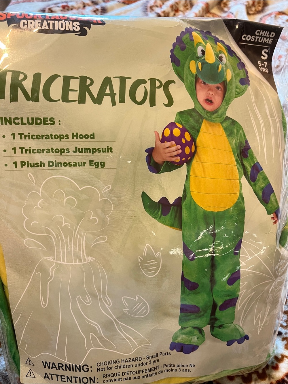 Triceratops Kids Costume - Green & Yellow Plush Dinosaur Jumpsuit (Child S)